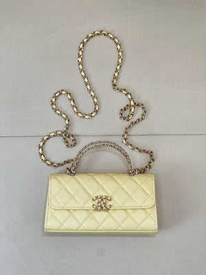 Chanel AP3238 Phone Holder with Chain Grained Shiny Calfskin Yellow - Default Title - View 1