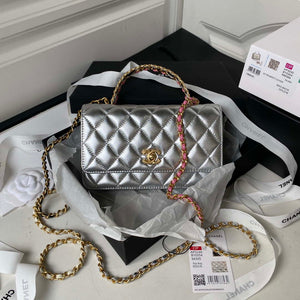 Chanel AP3240 Flap Bag With Top Handle Lambskin & Gold-Tone Metal Silver - Default Title - View 1