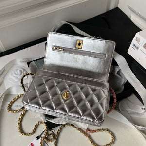 Chanel AP3240 Flap Bag With Top Handle Lambskin & Gold-Tone Metal Silver - Default Title - View 6