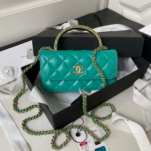 Chanel AP3385 Woc Flap Phone Holder With Chain Lambskin Green Gold - Default Title - View 1
