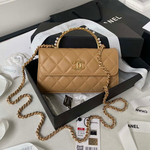 Chanel AP3512 Flap Phone Holder With Chain Lambskin Imitation Pearls Enamel & Gold Aprocot - Default Title - View 1