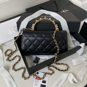 Chanel AP3512 Flap Phone Holder With Chain Lambskin Imitation Pearls Enamel & Gold Black - Default Title - View 2