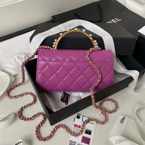 Chanel AP3512 Flap Phone Holder With Chain Lambskin Imitation Pearls Enamel & Gold Purple - Default Title - View 2