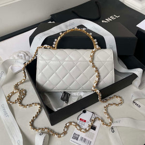 Chanel AP3512 Flap Phone Holder With Chain Lambskin Imitation Pearls Enamel & Gold White - Default Title - View 2