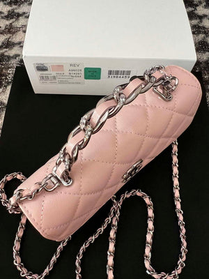 Chanel AP3566 Clutch with Chain Pink Shiny Crumpled Calfskin Strass & Ruthenium Finish Metal - Default Title - View 3