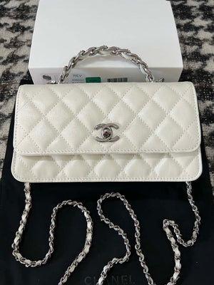 Chanel AP3566 Clutch with Chain White Shiny Crumpled Calfskin Strass & Ruthenium Finish Metal - Default Title - View 1
