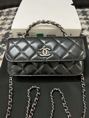 Chanel AP3566 Clutch with Chain Black Shiny Crumpled Calfskin Strass & Ruthenium Finish Metal - Default Title - View 1