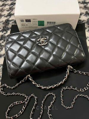 Chanel AP3645 Woc Wallet on Chain Black Shiny Crumpled Calfskin Strass & Ruthenium Finish Metal - Default Title - View 11