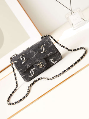 Chanel AS1119 Small Flap Classic Handbag Black Denim beaded sequin bag - Default Title - View 1