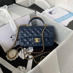 Chanel AS2431 Mini flap Navy Blue Lambskin bag with top handle Gold - Default Title - View 1