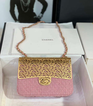 Chanel AS3526 Mini Evening Bag Wool Tweed & Gold-Tone Metal Light Pink - Default Title - View 1