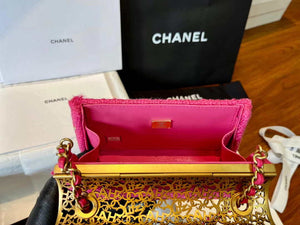 Chanel AS3526 Mini Evening Bag Wool Tweed & Gold-Tone Metal Rose Red - Default Title - View 9