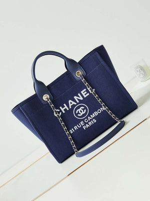 Chanel AS3257 Small Shopping Bag Mixed Fibers Calfskin & Gold-Tone Metal Blue - Default Title - View 1