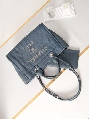 Chanel AS3257 Small Shopping Bag Mixed Fibers Calfskin & Gold-Tone Metal Navy Blue - Default Title - View 7