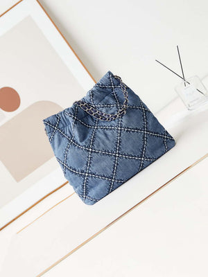 Chanel AS3260 22 Small Handbag Silver Tone-Metal Canvas Blue Denim - Default Title - View 5