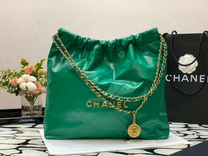 Chanel 22 Handbag Shiny Calfskin AS3261 Green Gold Metal - Default Title - View 1