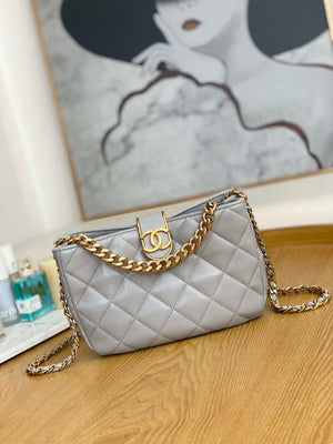 Chanel AS3476 HOBO Handbag Lambskin & Gold-Tone Metal Light Gray - Default Title - View 1