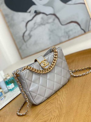 Chanel AS3476 HOBO Handbag Lambskin & Gold-Tone Metal Light Gray - Default Title - View 3