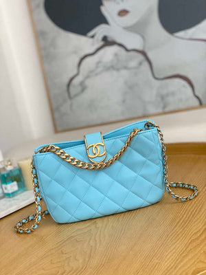 Chanel AS3476 HOBO Handbag Lambskin & Gold-Tone Metal Light Blue - Default Title - View 1