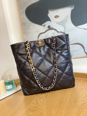Chanel AS3519 CHANEL19 Shopping Bag Shiny Lambskin Dark Brown - Default Title - View 1