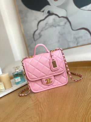 Chanel AS3652 Small Flap Bag with Top Handle Calfskin & Gold-Tone Metal Pink - Default Title - View 1