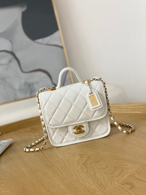 Chanel AS3652 Small Flap Bag with Top Handle Calfskin & Gold-Tone Metal White - Default Title - View 1