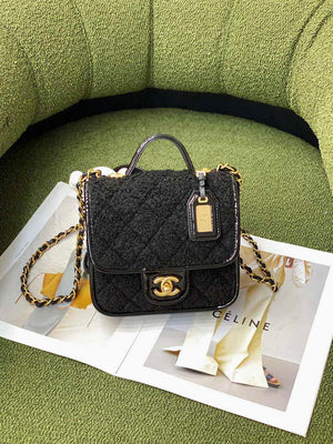 Chanel AS3652 Small Flap Bag with Top Handle Cotton & Wool Tweed & Gold-Tone Metal Black - Default Title - View 1