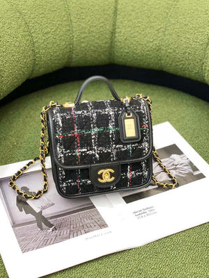 Chanel AS3652 Small Flap Bag with Top Handle Cotton & Wool Tweed & Gold-Tone Metal Black and White - Default Title - View 1
