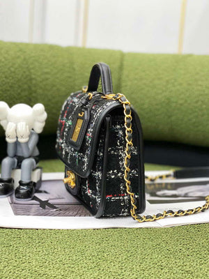 Chanel AS3652 Small Flap Bag with Top Handle Cotton & Wool Tweed & Gold-Tone Metal Black and White - Default Title - View 4