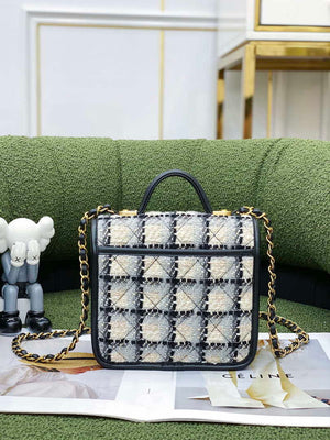Chanel AS3652 Small Flap Bag with Top Handle Cotton & Wool Tweed & Gold-Tone Metal Grey and Beige - Default Title - View 3