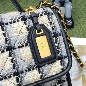 Chanel AS3652 Small Flap Bag with Top Handle Cotton & Wool Tweed & Gold-Tone Metal Grey and Beige - Default Title - View 9