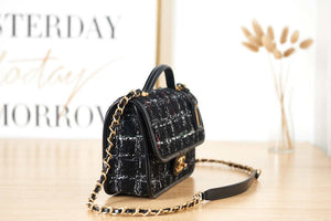Chanel AS3653 Small Flap Bag with Top Handle Wool Tweed & Gold-Tone Metal Black and White - Default Title - View 3