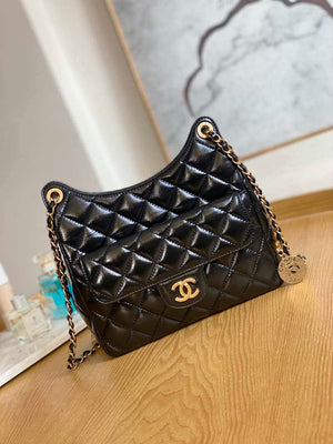 Chanel AS3690 Hobo Handbag Shiny Crumpled Calfskin & Gold-Tone Metal Black - Default Title - View 1