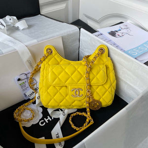 Chanel AS3710 Small Hobo Handbag Velvet & Gold-Tone Metal Yellow - Default Title - View 1