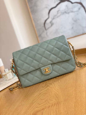 Chanel AS3777 Flap Bag Grained Calfskin & Gold-Tone Metal Light Green - Default Title - View 1