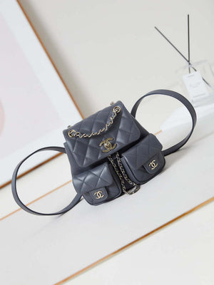 Chanel Small Backpack Grained Shiny Calfskin & Gold-Tone Metal AS3787 Gray - Default Title - View 1