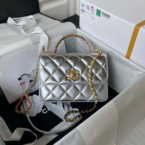 Chanel AS3886 Mini Flap Bag With Top Handle Shiny Silver Calfskin Gold - Default Title - View 1