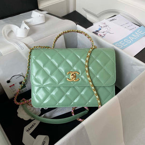 Chanel AS3908 CC Small Flap Bag With Top Handle Shiny Calfskin Green Gold - Default Title - View 1