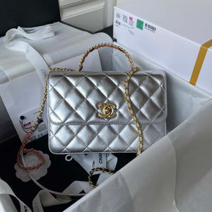 Chanel AS3908 CC Small Flap Bag With Top Handle Shiny Silver Calfskin Gold - Default Title - View 1