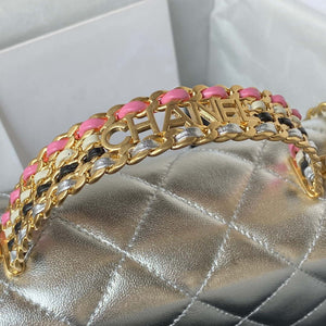 Chanel AS3908 CC Small Flap Bag With Top Handle Shiny Silver Calfskin Gold - Default Title - View 4