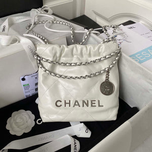 Chanel AS3980 22 Mini Handbag Shiny Calfskin & Silver-Tone Metal White - Default Title - View 1