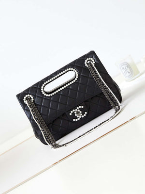 Chanel AS4221 Small Shopping Bag Aged Shiny Lambskin Crystal Pearls & Black Metal Black - Default Title - View 1