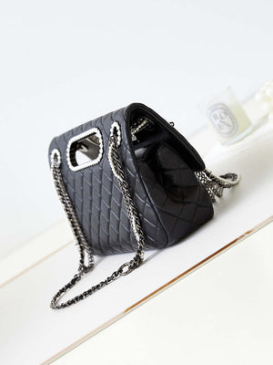 Chanel AS4221 Small Shopping Bag Aged Shiny Lambskin Crystal Pearls & Black Metal Black - Default Title - View 4