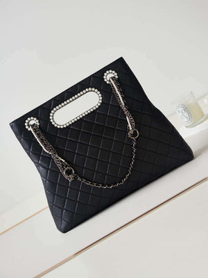 Chanel AS4222 Shopping Bag Aged Shiny Lambskin Crystal Pearls & Black Metal Black - Default Title - View 5