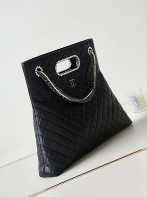 Chanel AS4223 Large Shopping Bag Aged Shiny Lambskin Crystal Pearls & Black Metal Black - Default Title - View 3