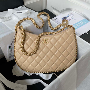 Chanel AS4368 Large HOBO Bag Shiny Crumpled Lambskin & Gold-Tone Metal Apricot - Default Title - View 1
