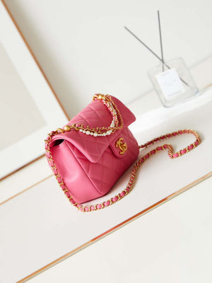 Chanel AS4384 Mini Flap Bag Pearly Lambskin Imitation Pearls & Gold-Tone Metal Hot Pink - Default Title - View 3