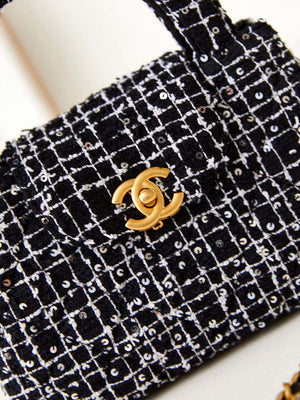 Chanel AS4416 Mini Shopping Bag Cotton Tweed & Gold-Tone Metal Black and White - Default Title - View 2