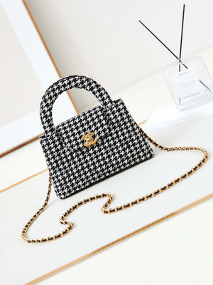 Chanel AS4416 Mini Shopping Bag Houndstooth fabric & Gold Metal White and Black - Default Title - View 1