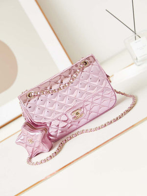 Chanel AS4648 Flap Bag & STAR COIN PURSE Mirror Calfskin Metallic Calfskin & Gold-Tone Metal Purple - Default Title - View 1